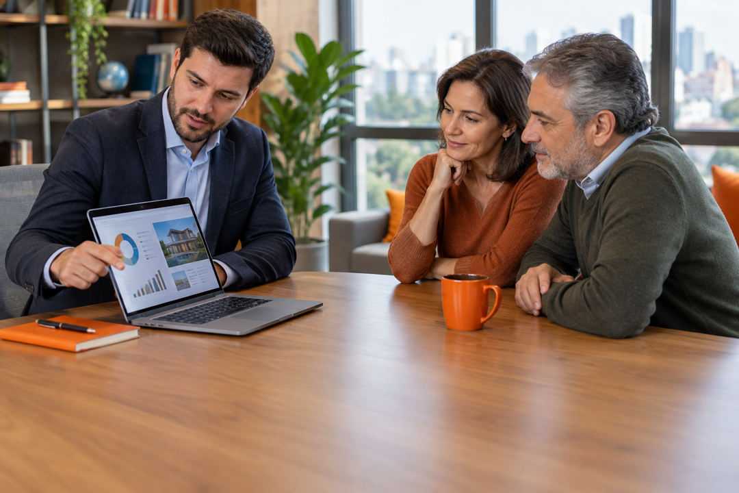 Assessor de investimentos mostra gráficos e um imóvel no notebook para um casal de clientes em mesa de reunião