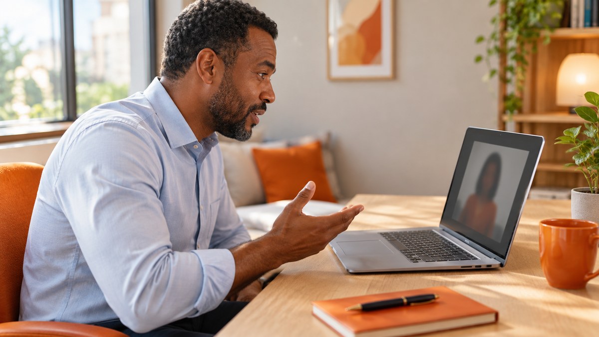 Assessor de investimentos conversa com uma cliente por videochamada sobre os planos de compra dela
