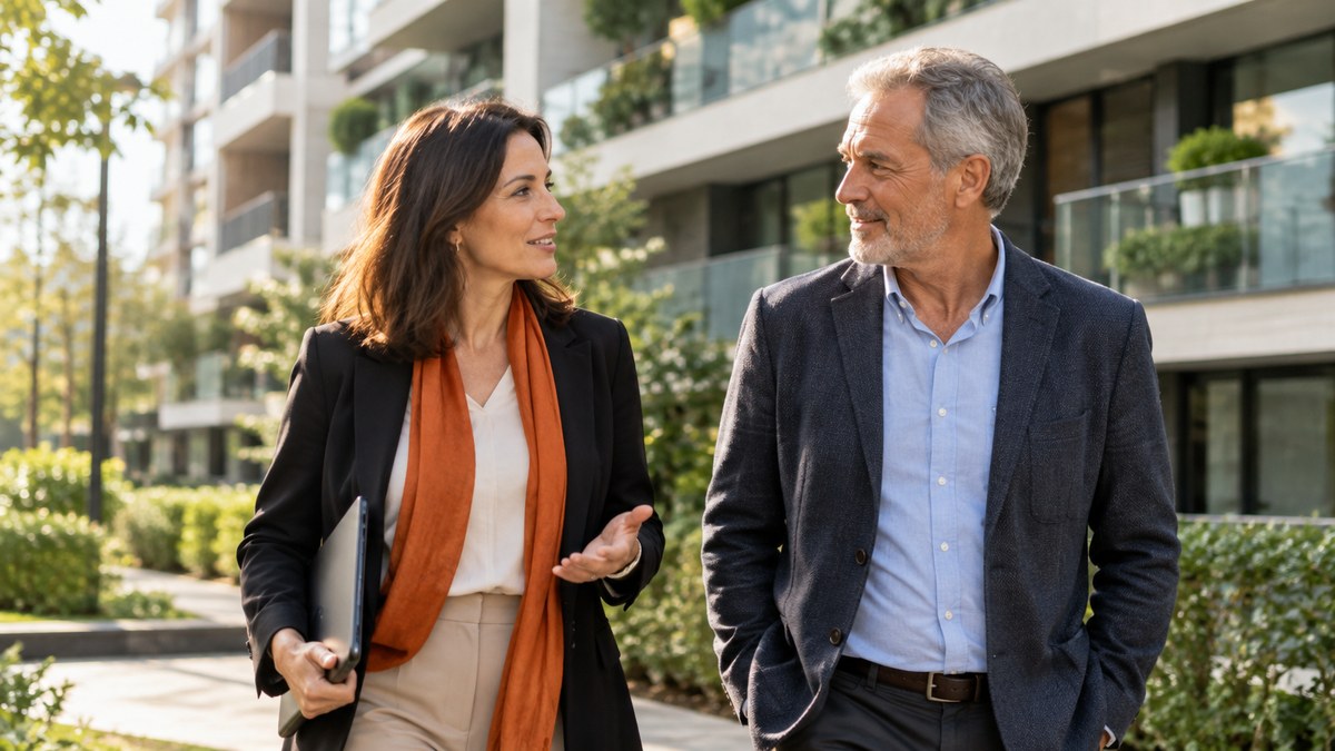 Assessora de investimentos caminha e conversa com um cliente em frente a um prédio residencial