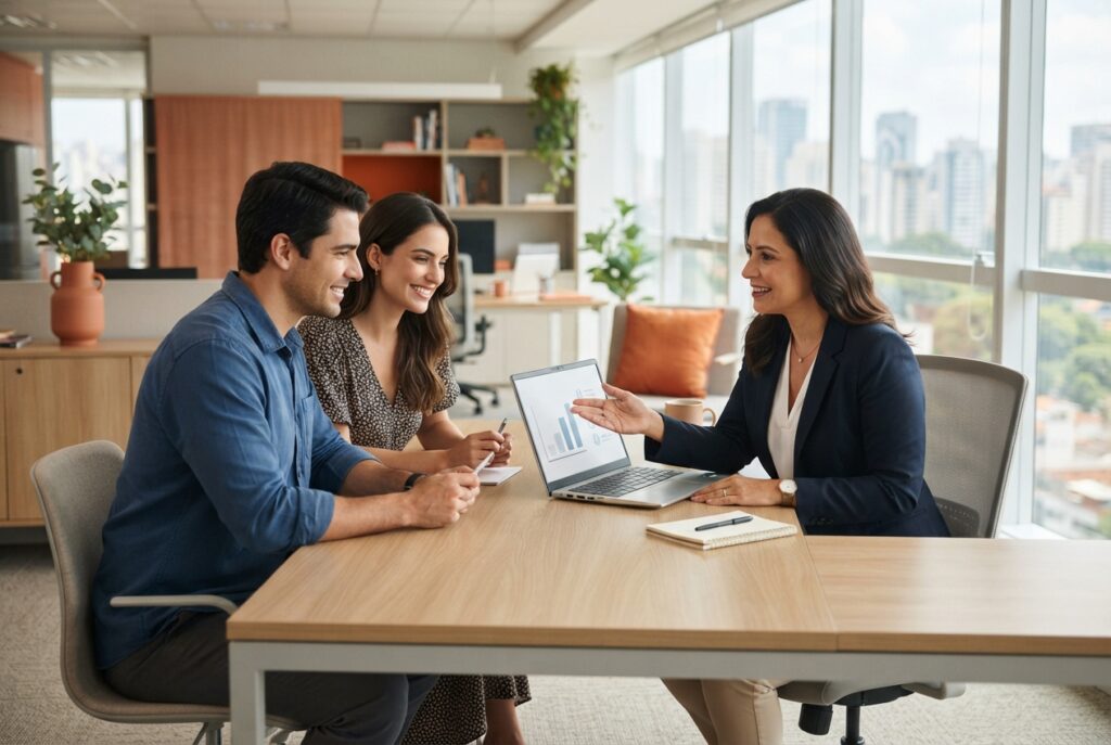 Casal conversando com um consultor sobre a compra de um bem, ao lado do título consórcio x financiamento