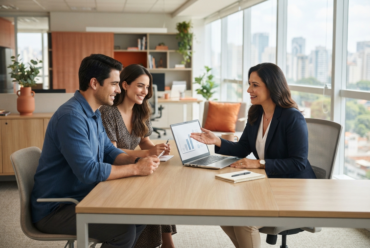 Casal conversando com um consultor sobre a compra de um bem, ao lado do título consórcio x financiamento