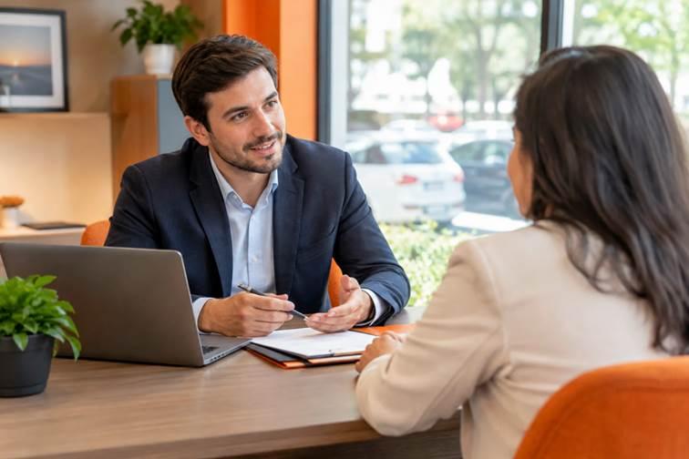 Corretor conversa com cliente em mesa de escritório, com notebook e carros ao fundo